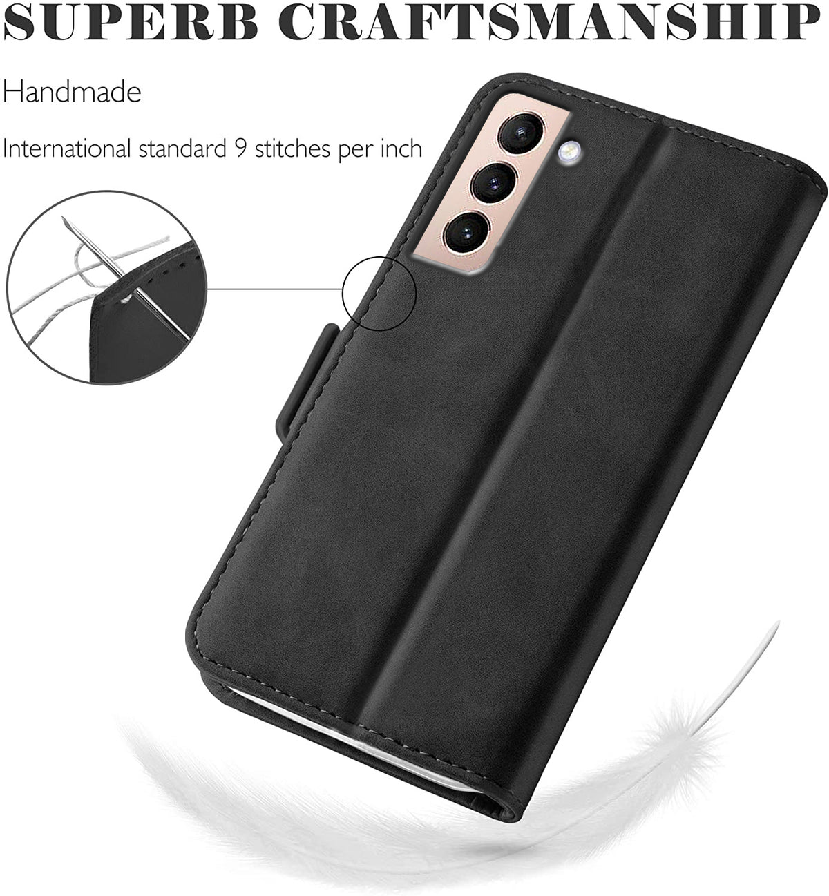 Samsung S21 Wallet Case Shockproof Full Body Protective Card Cover BLACK