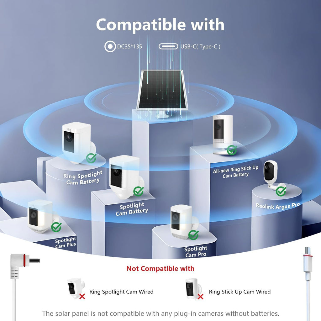 10W Solar Panel for Ring Camera Solar Charger Compatible with Ring Spotlight Stick Up Cam Battery with 3m Cable