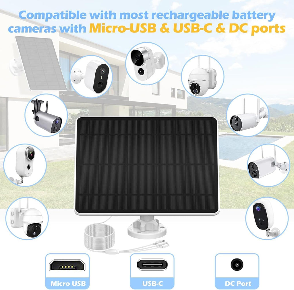 6W Solar Panel for Security Camera USB-C Micro USB DC 5V 3M Cable