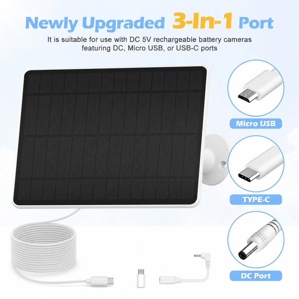 6W Solar Panel for Security Camera USB-C Micro USB DC 5V 3M Cable
