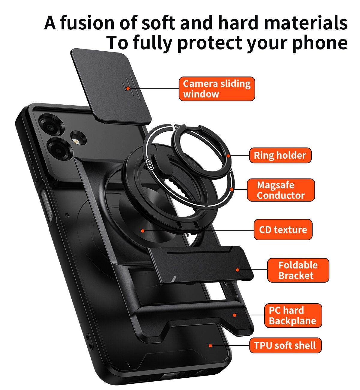 Samsung A07 Magnetic Kickstand Case with Camera Slide Cover RED