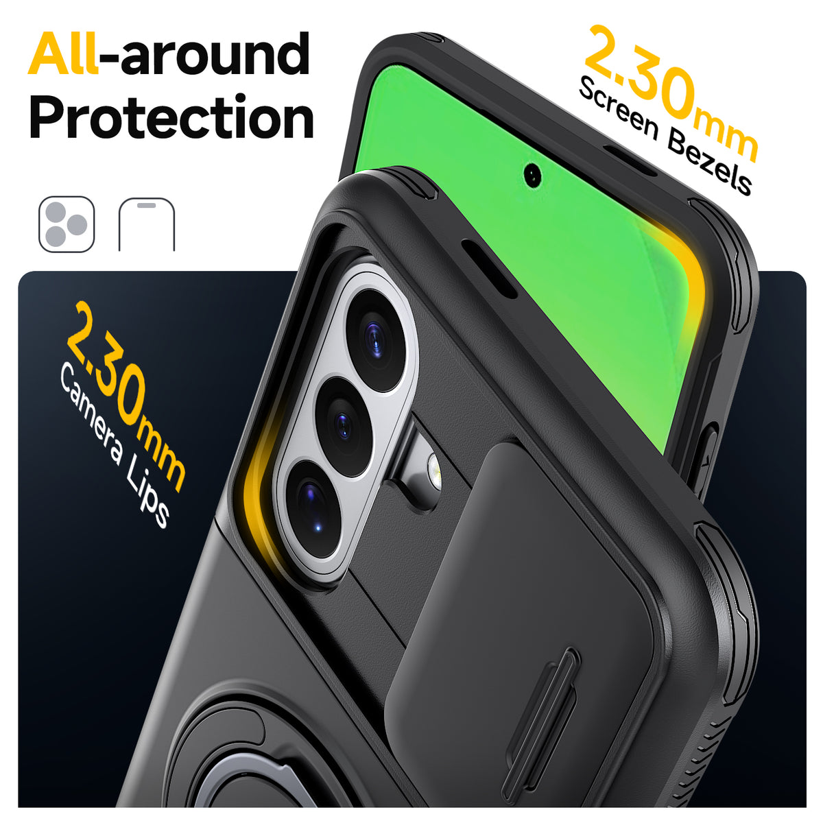 Samsung Galaxy A16 Rugged Shockproof Case Kickstand Card Cover BLACK