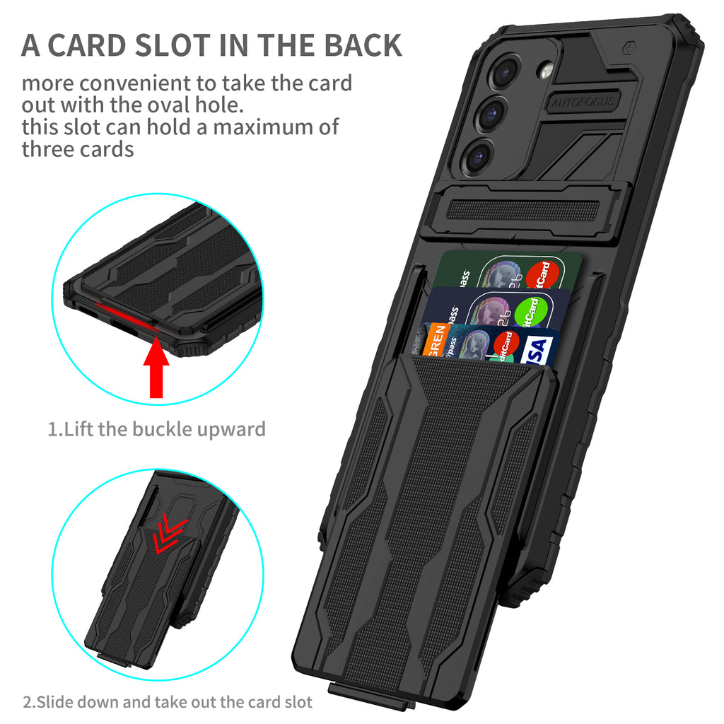 Samsung S21 FE Heavy Duty Kickstand Case Shockproof Card Holder BLACK