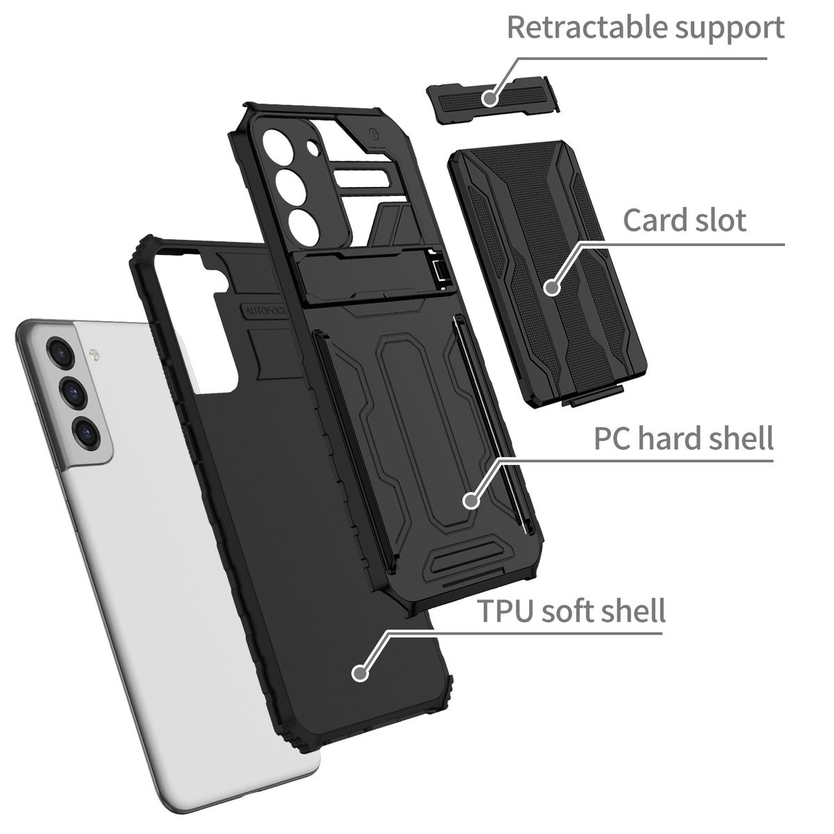 Samsung S21 FE Heavy Duty Kickstand Case Shockproof Card Holder BLACK