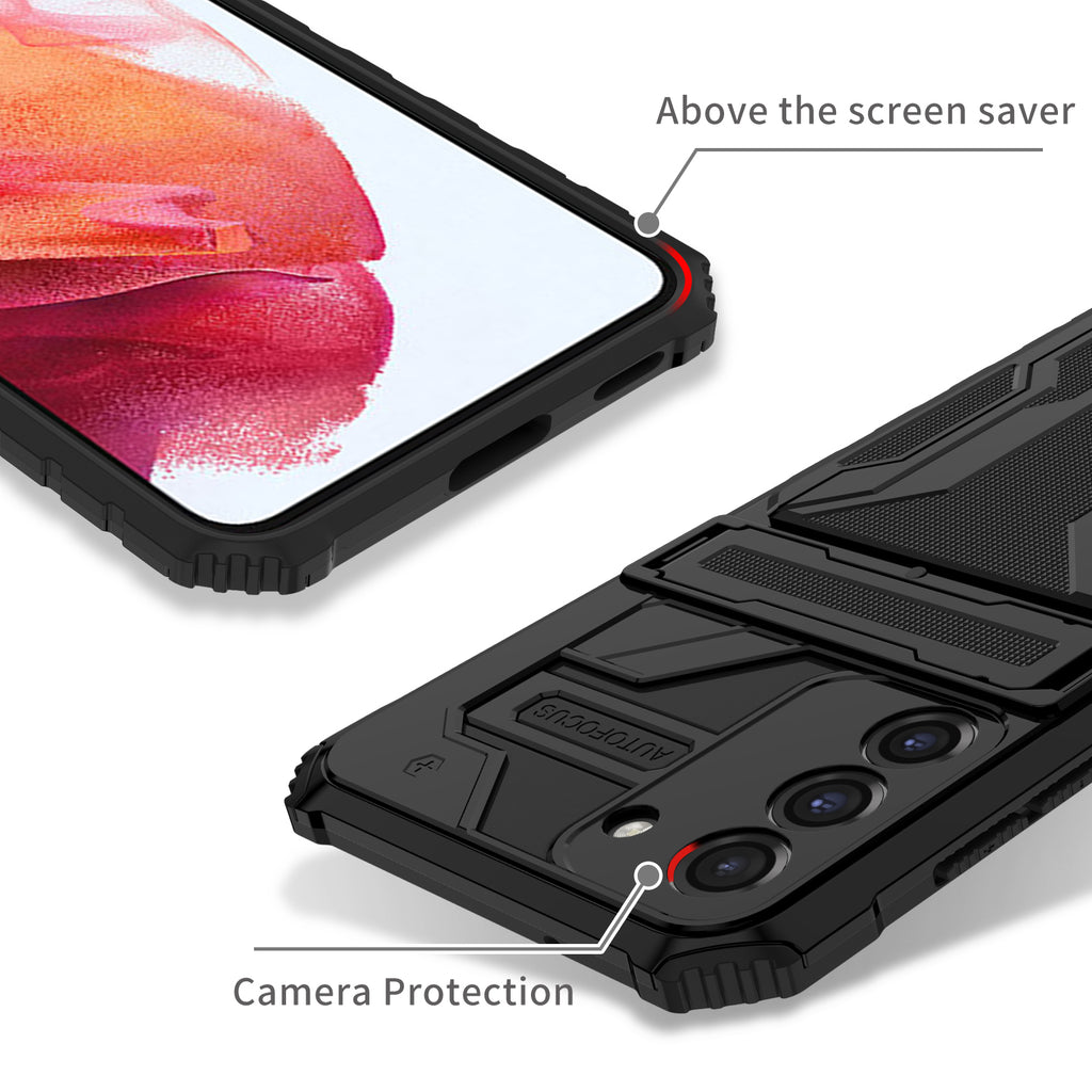 Samsung S21 FE Heavy Duty Kickstand Case Shockproof Card Holder BLACK