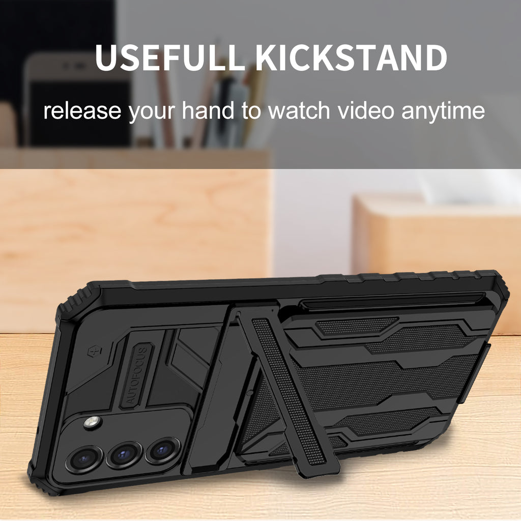 Samsung S21 FE Heavy Duty Kickstand Case Shockproof Card Holder BLACK