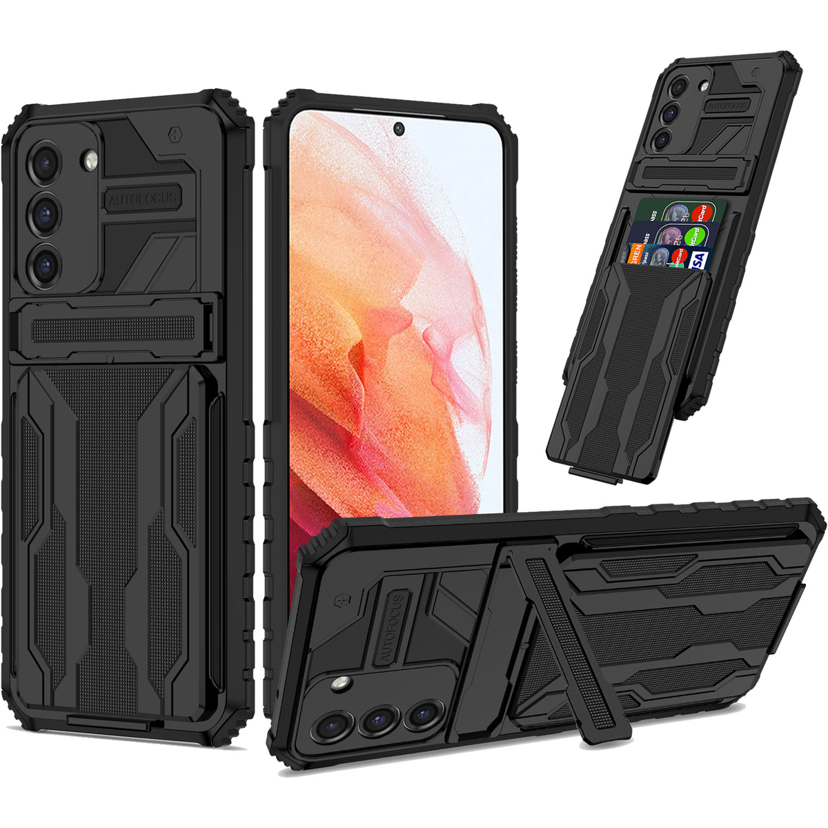 Samsung S21 FE Heavy Duty Kickstand Case Shockproof Card Holder BLACK
