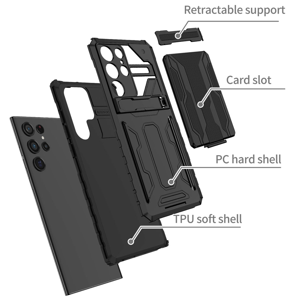 Samsung S22 Ultra Heavy Duty Kickstand Case Shockproof Card Holder BLACK