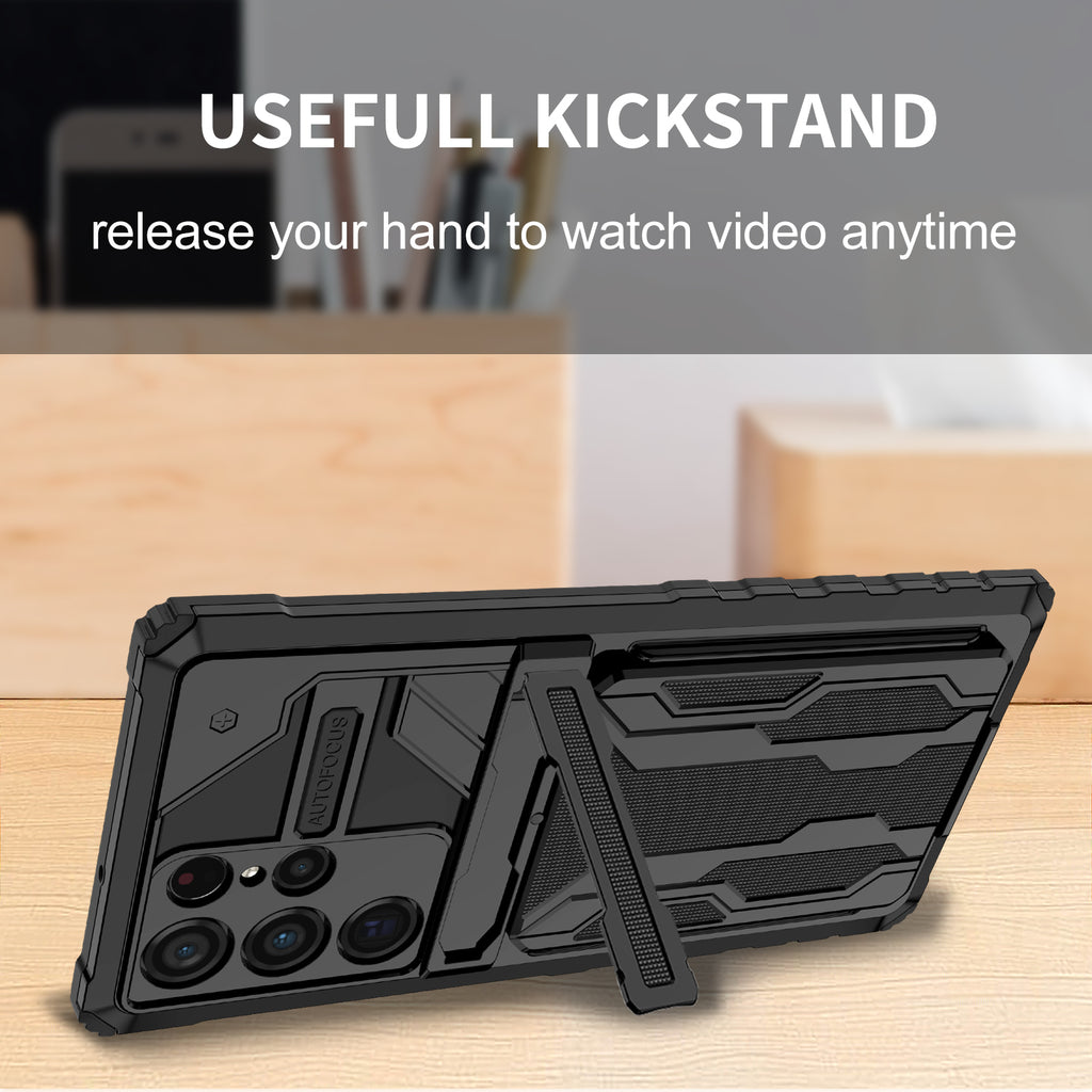 Samsung S22 Ultra Heavy Duty Kickstand Case Shockproof Card Holder BLACK