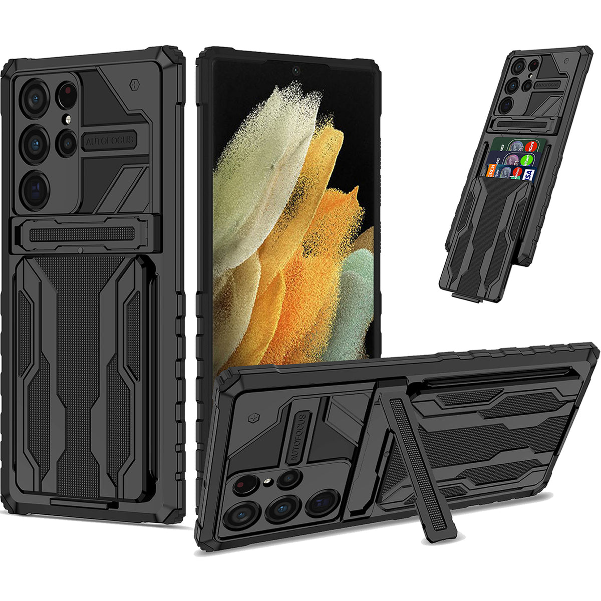 Samsung S22 Ultra Heavy Duty Kickstand Case Shockproof Card Holder BLACK