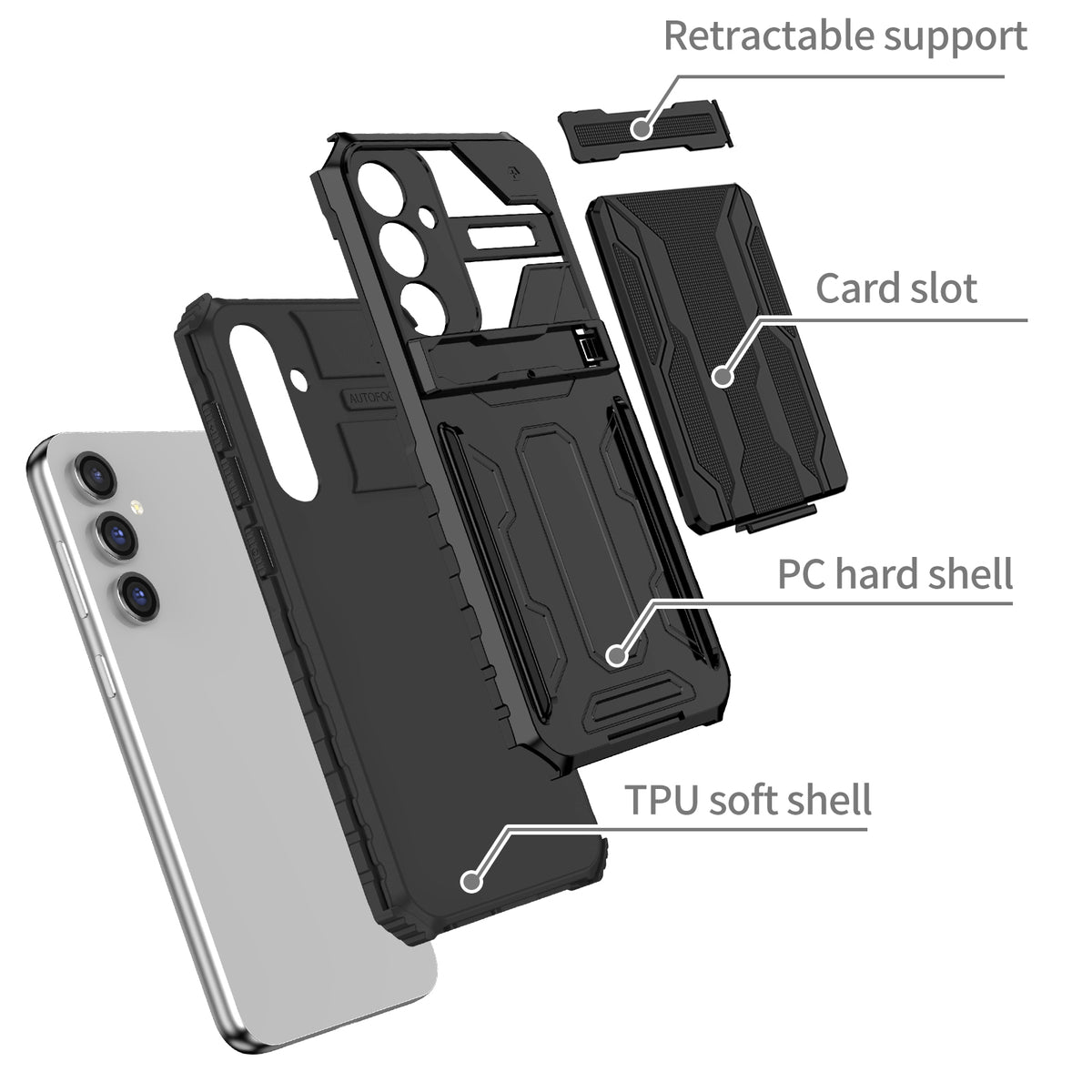 Samsung S23 FE Heavy Duty Kickstand Case Shockproof Card Holder BLACK