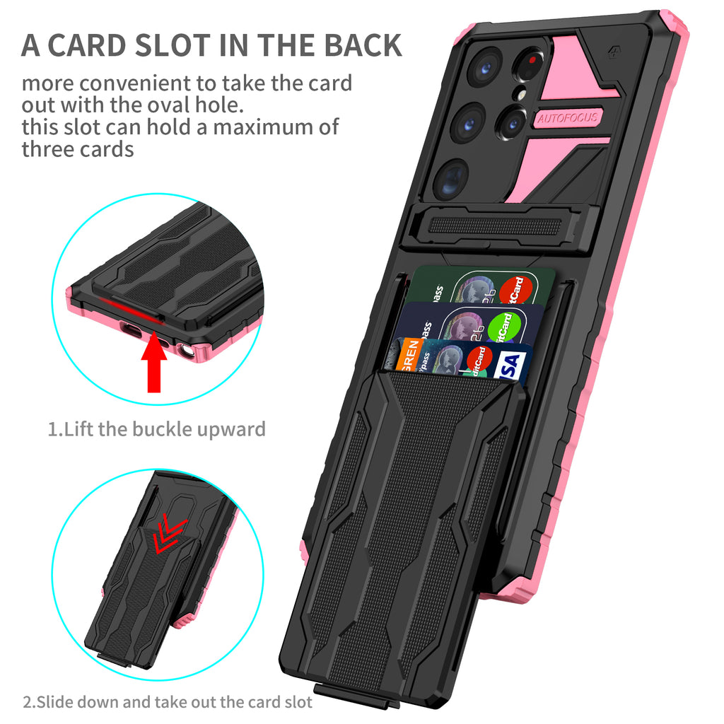Samsung S23 Ultra Heavy Duty Kickstand Case Shockproof Card Holder PINK