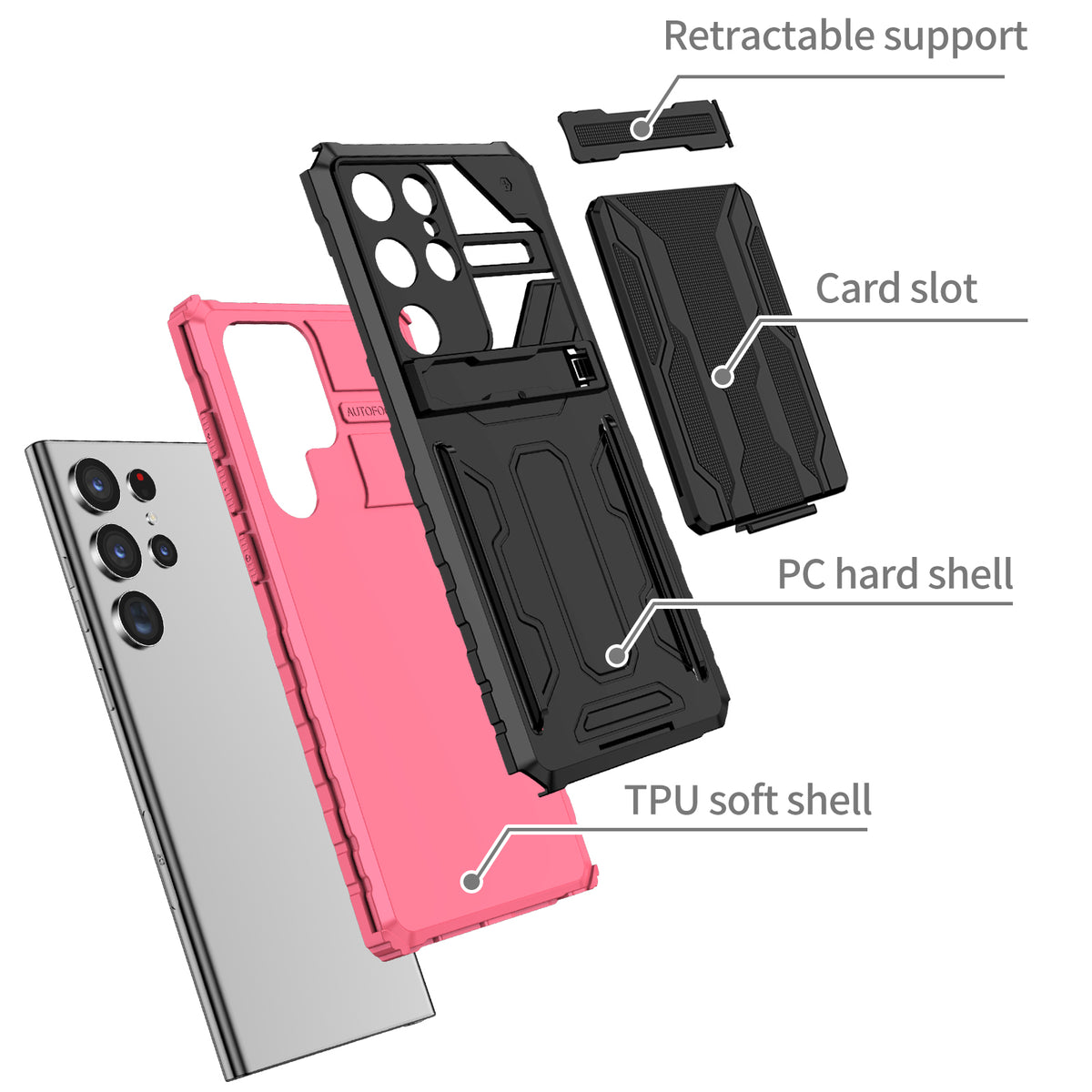 Samsung S23 Ultra Heavy Duty Kickstand Case Shockproof Card Holder PINK