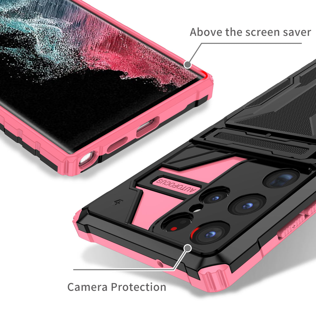 Samsung S23 Ultra Heavy Duty Kickstand Case Shockproof Card Holder PINK