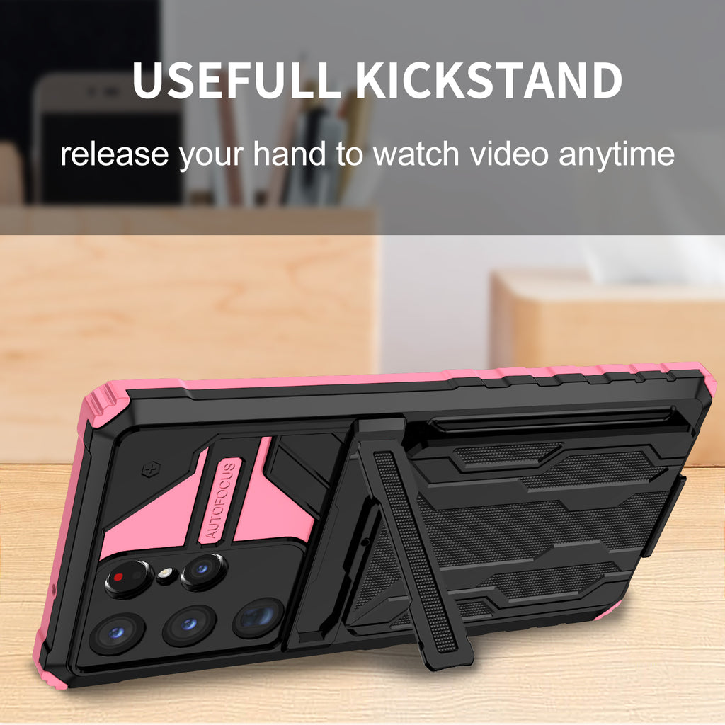 Samsung S23 Ultra Heavy Duty Kickstand Case Shockproof Card Holder PINK