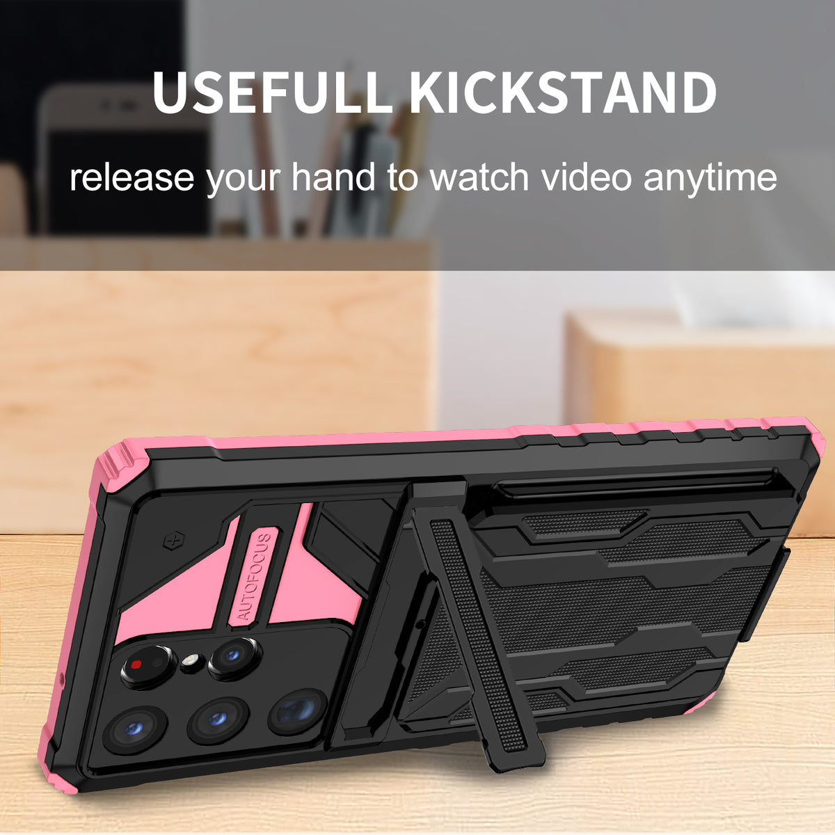 Samsung S23 Ultra Heavy Duty Kickstand Case Shockproof Card Holder PINK