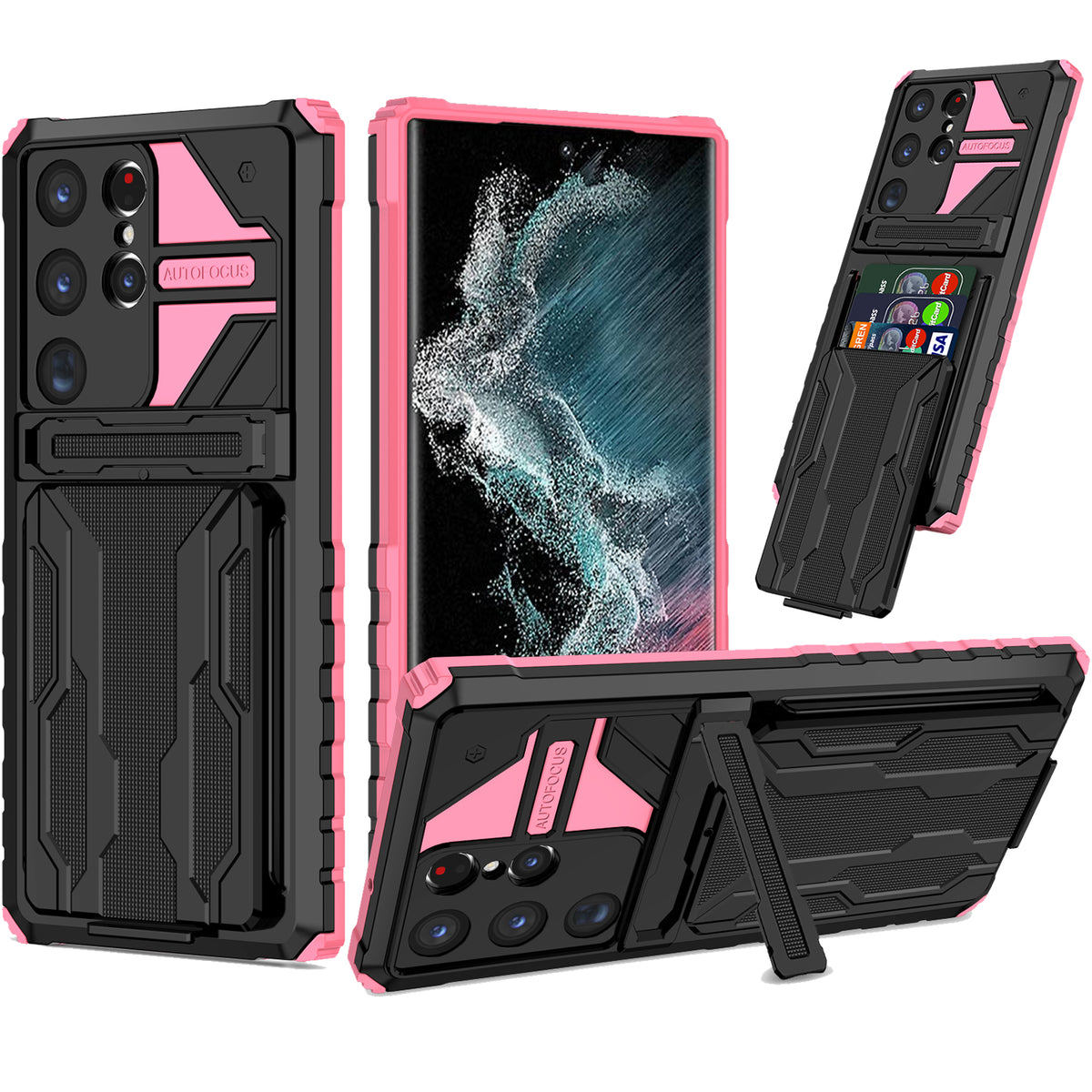 Samsung S23 Ultra Heavy Duty Kickstand Case Shockproof Card Holder PINK