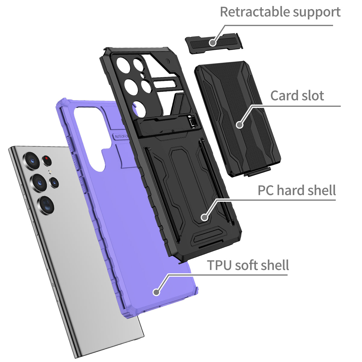 Samsung S23 Ultra Heavy Duty Kickstand Case Shockproof Card Holder PURPLE