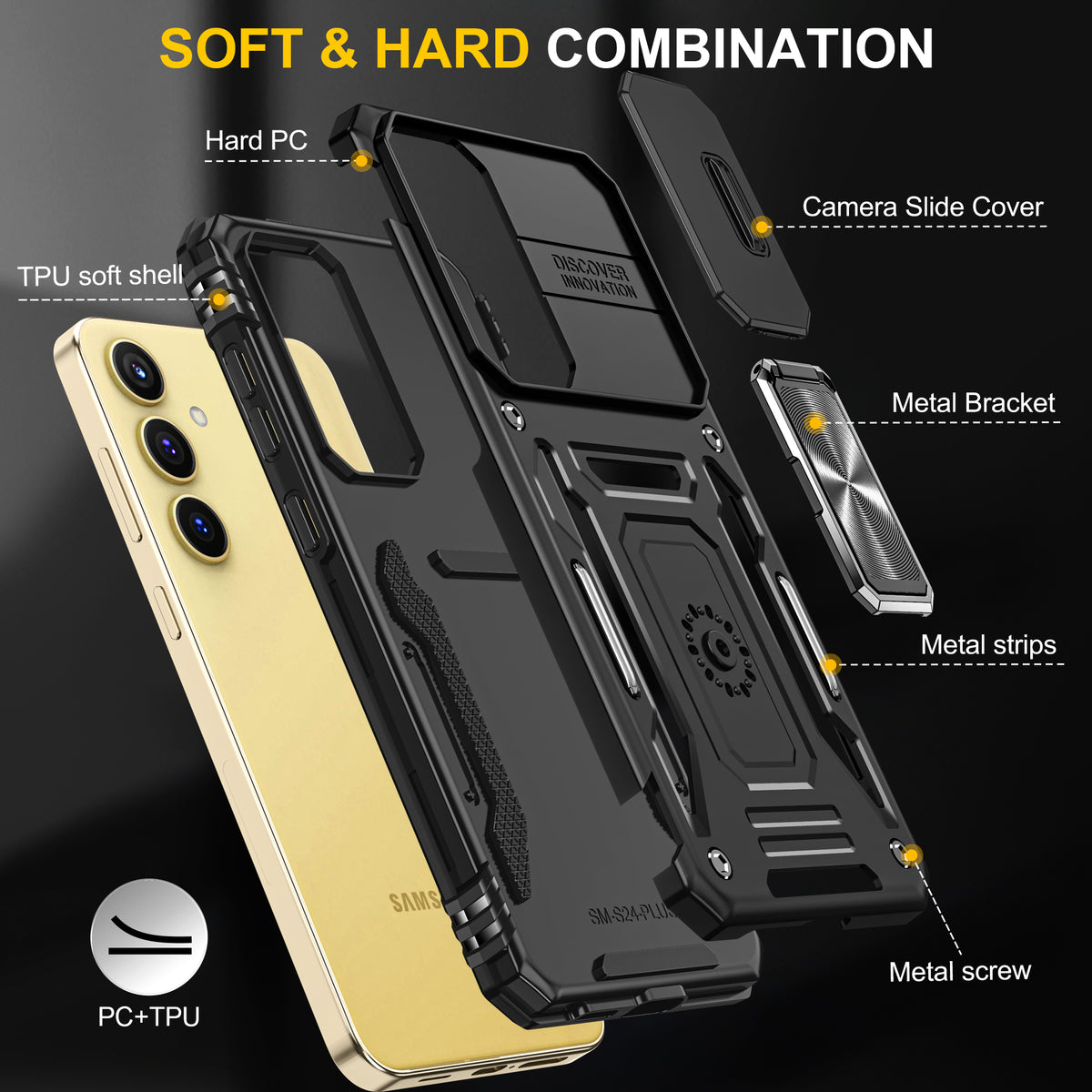 Samsung S25 Plus Case Shockproof Kickstand Hybrid Cover BLACK