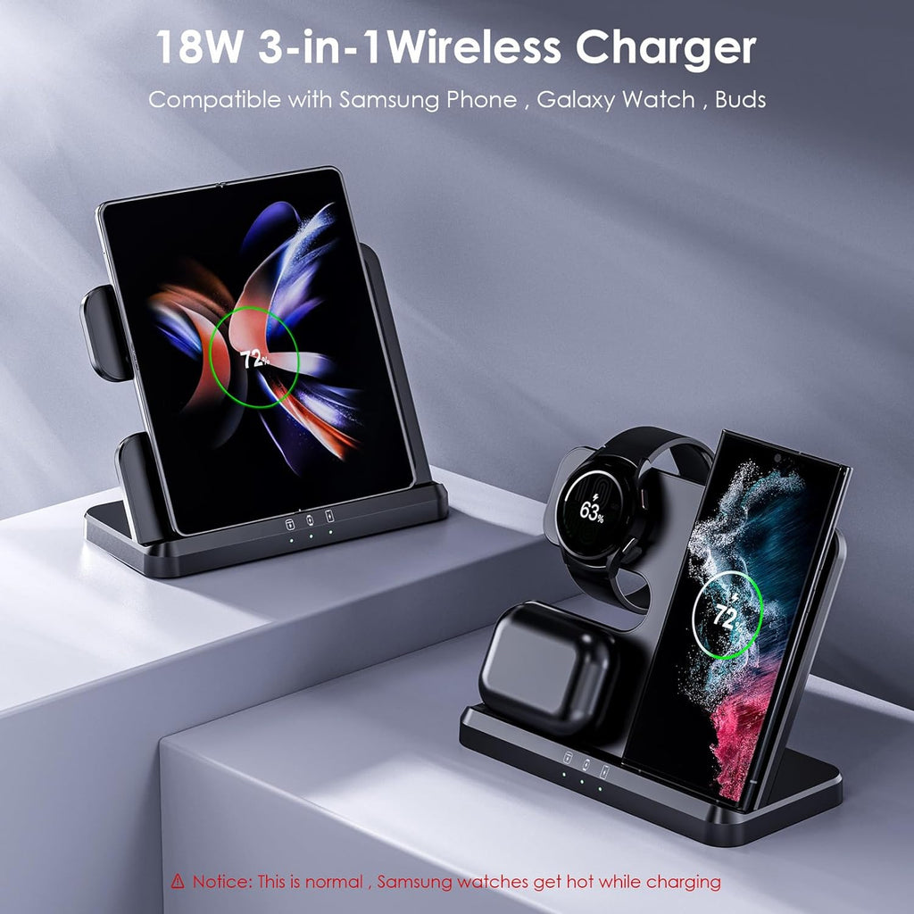 15W 3-in-1 Wireless Charging Dock for Samsung – Fast Charging Station – Black