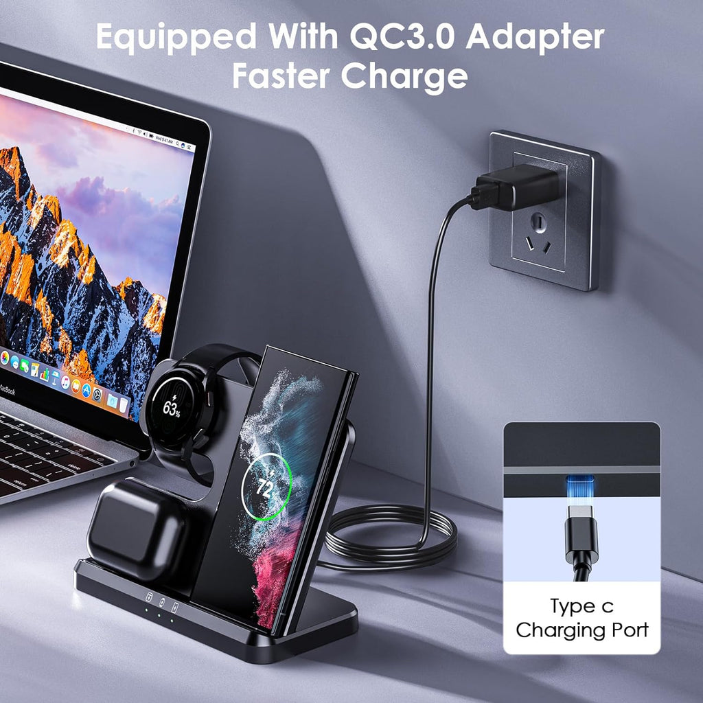 15W 3-in-1 Wireless Charging Dock for Samsung – Fast Charging Station – Black