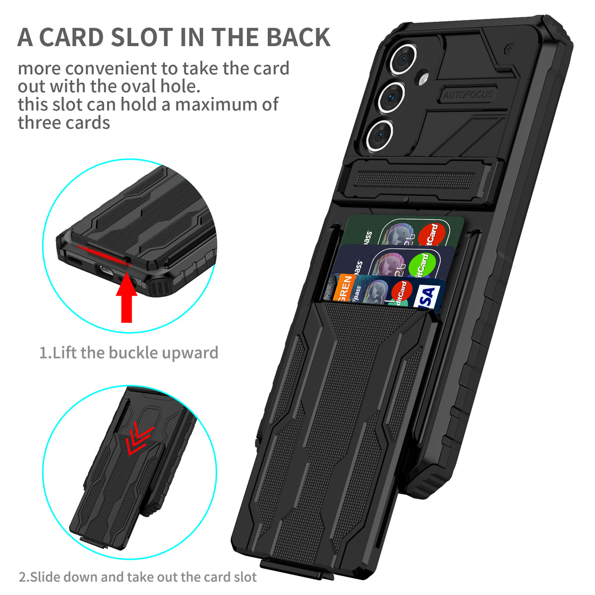 Samsung A15 Heavy Duty Kickstand Case Shockproof Card Holder BLACK