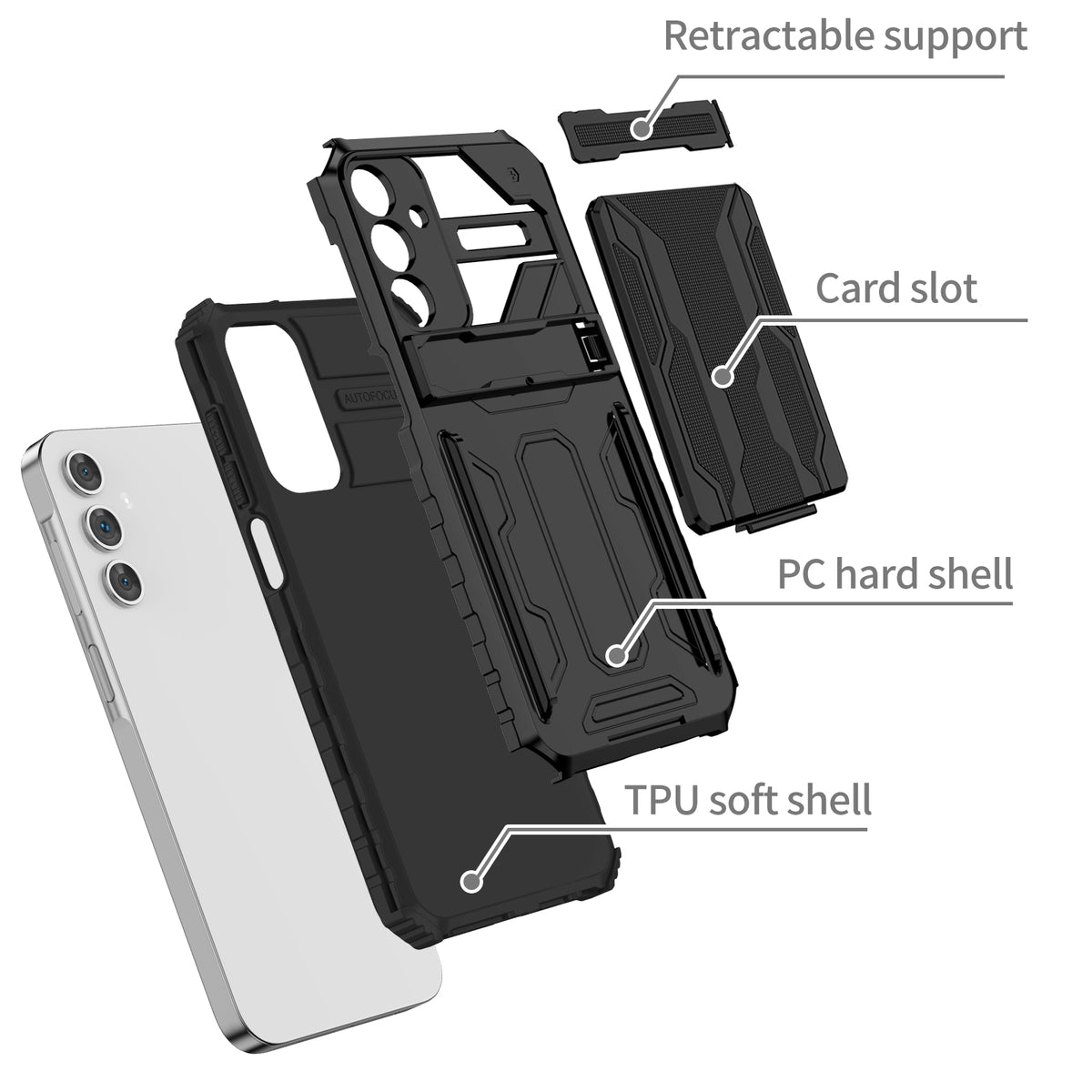 Samsung A15 Heavy Duty Kickstand Case Shockproof Card Holder BLACK