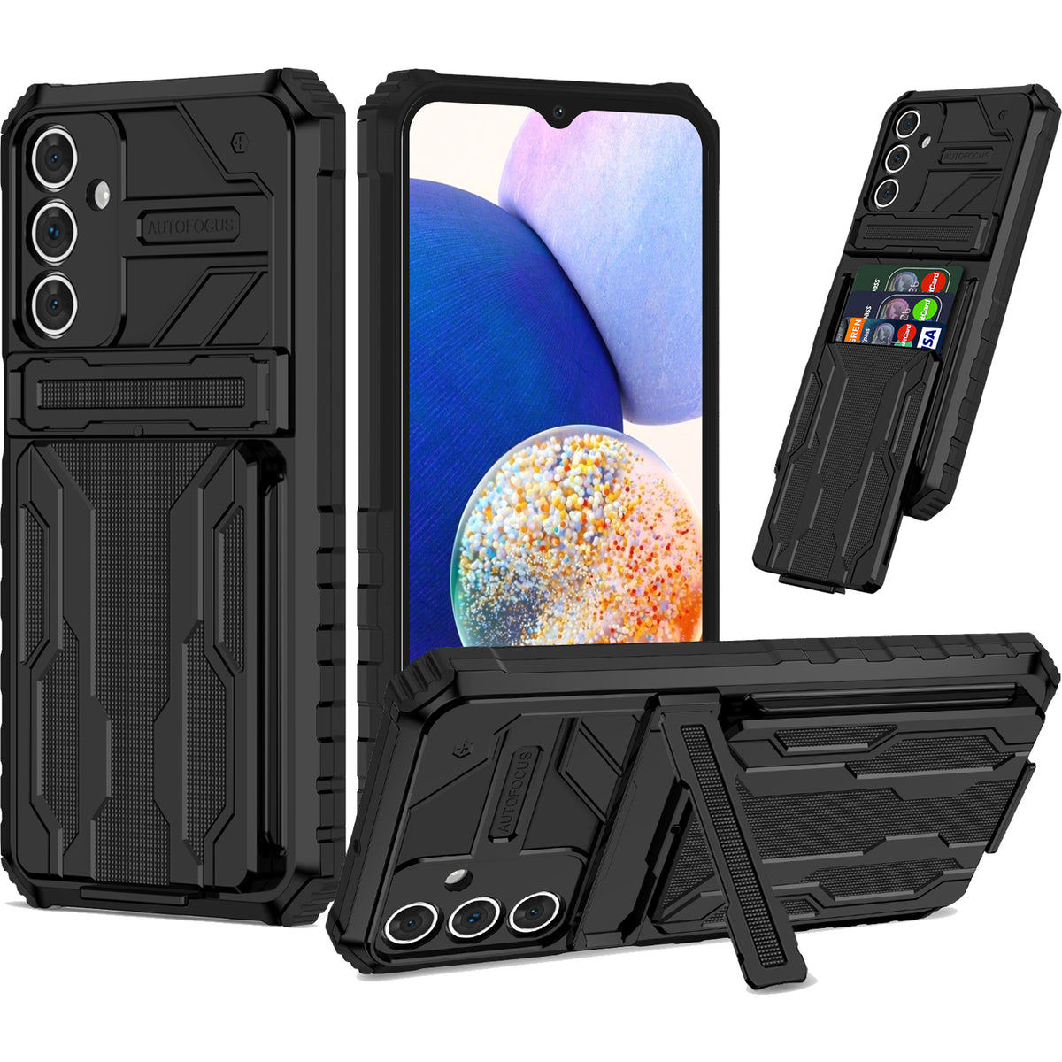 Samsung A15 Heavy Duty Kickstand Case Shockproof Card Holder BLACK