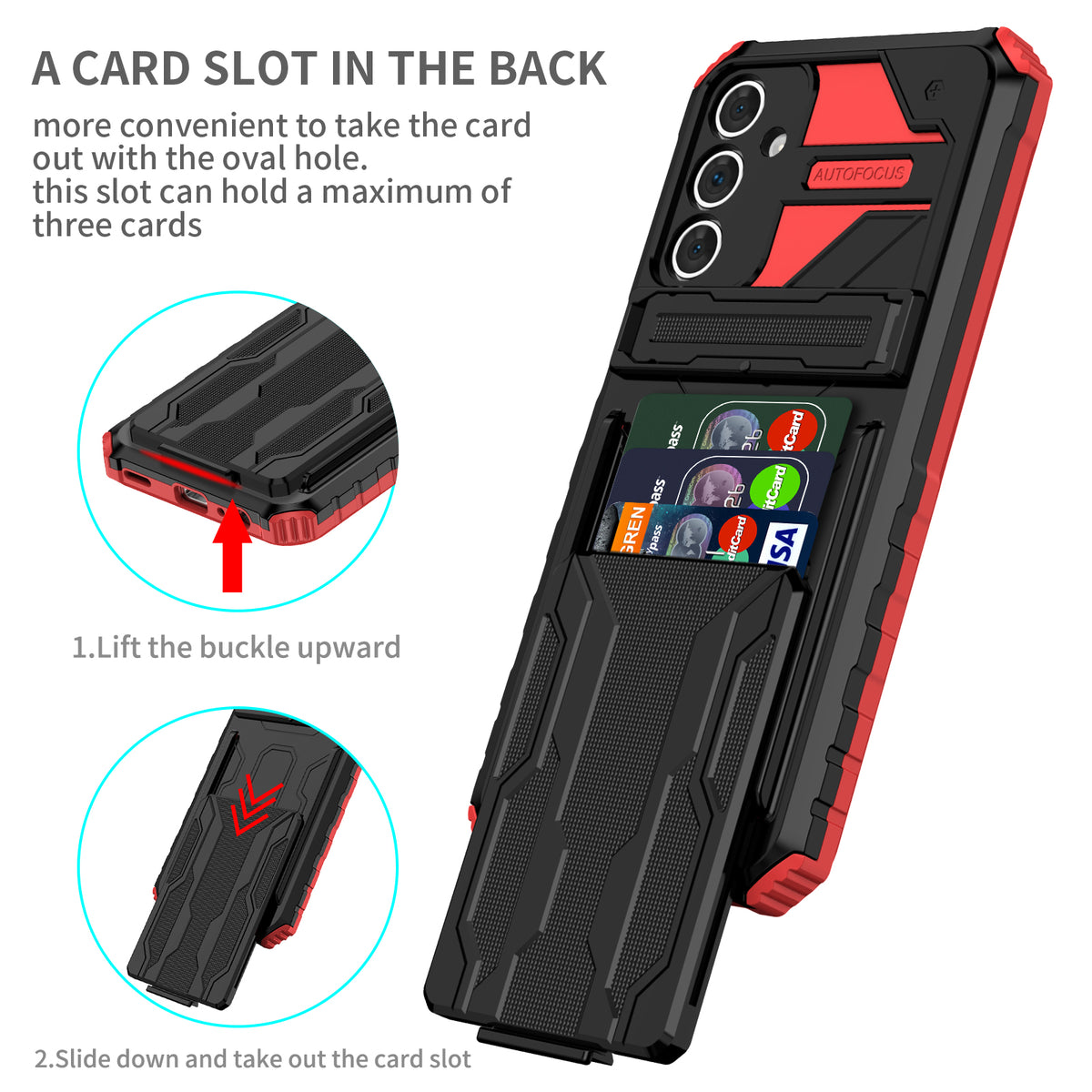 Samsung A15 Heavy Duty Kickstand Case Shockproof Card Holder RED