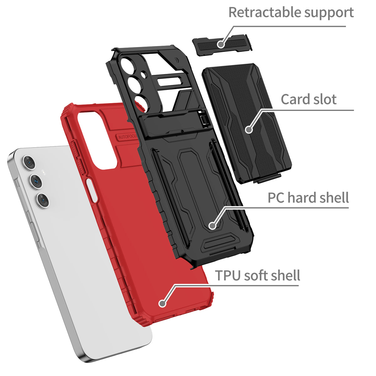 Samsung A15 Heavy Duty Kickstand Case Shockproof Card Holder RED