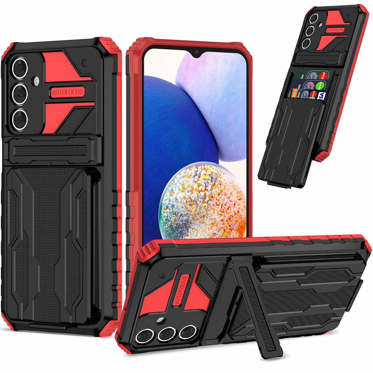 Samsung A15 Heavy Duty Kickstand Case Shockproof Card Holder RED