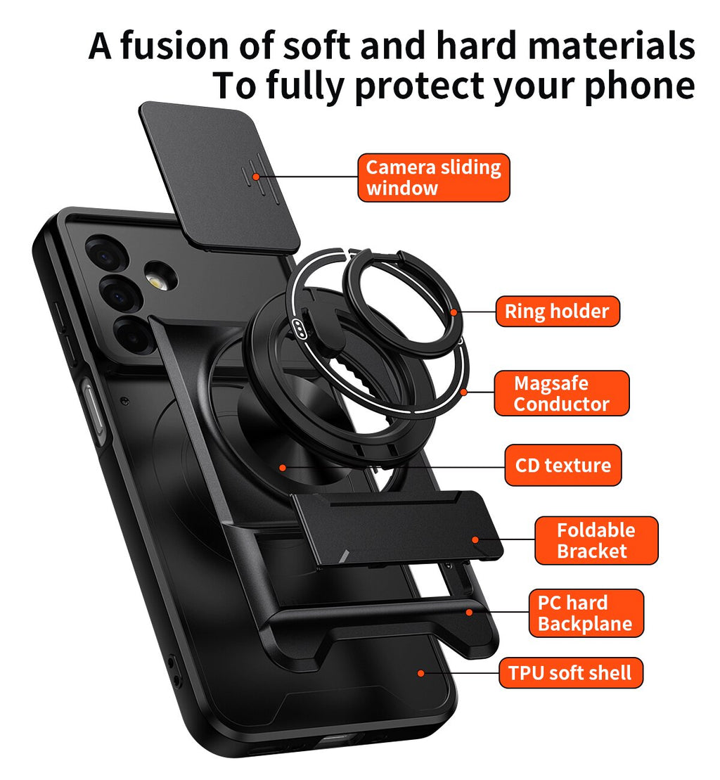 Samsung A17 Magnetic Kickstand Case with Camera Slide Cover ORANGE