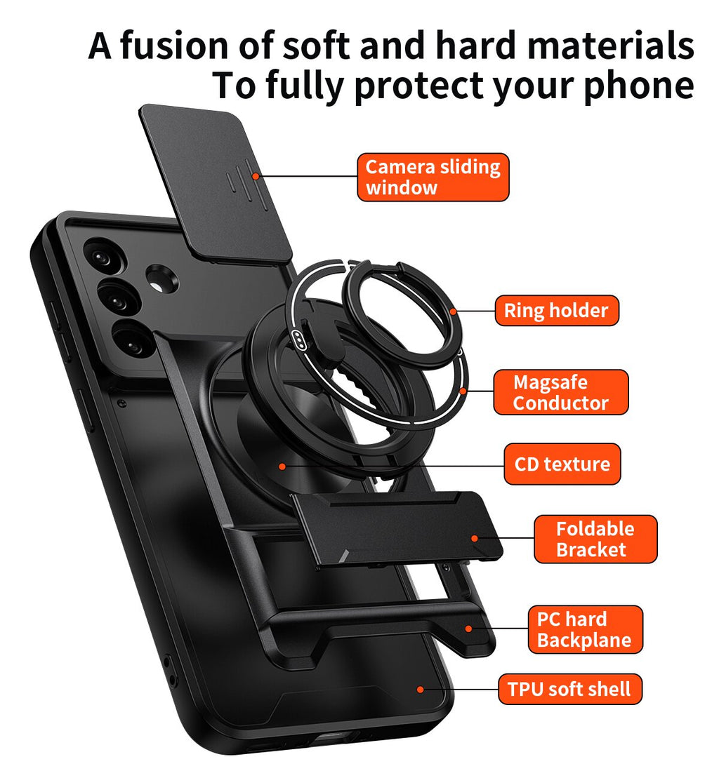 Samsung A57 Magnetic Kickstand Case with Camera Slide Cover BLACK