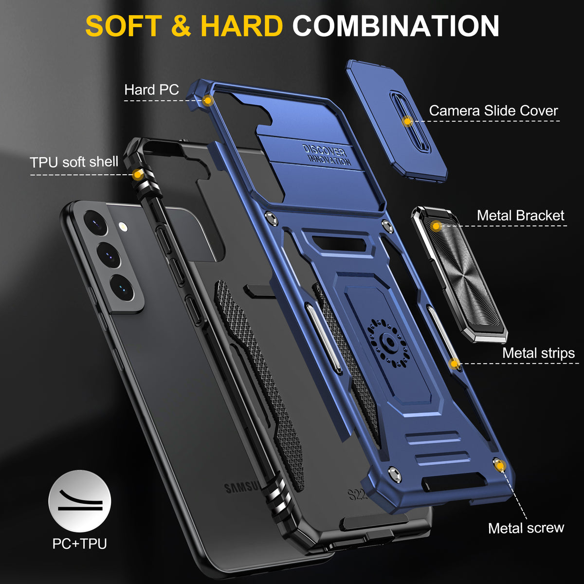 Samsung S22 Case Shockproof Kickstand Hybrid Cover DARK BLUE