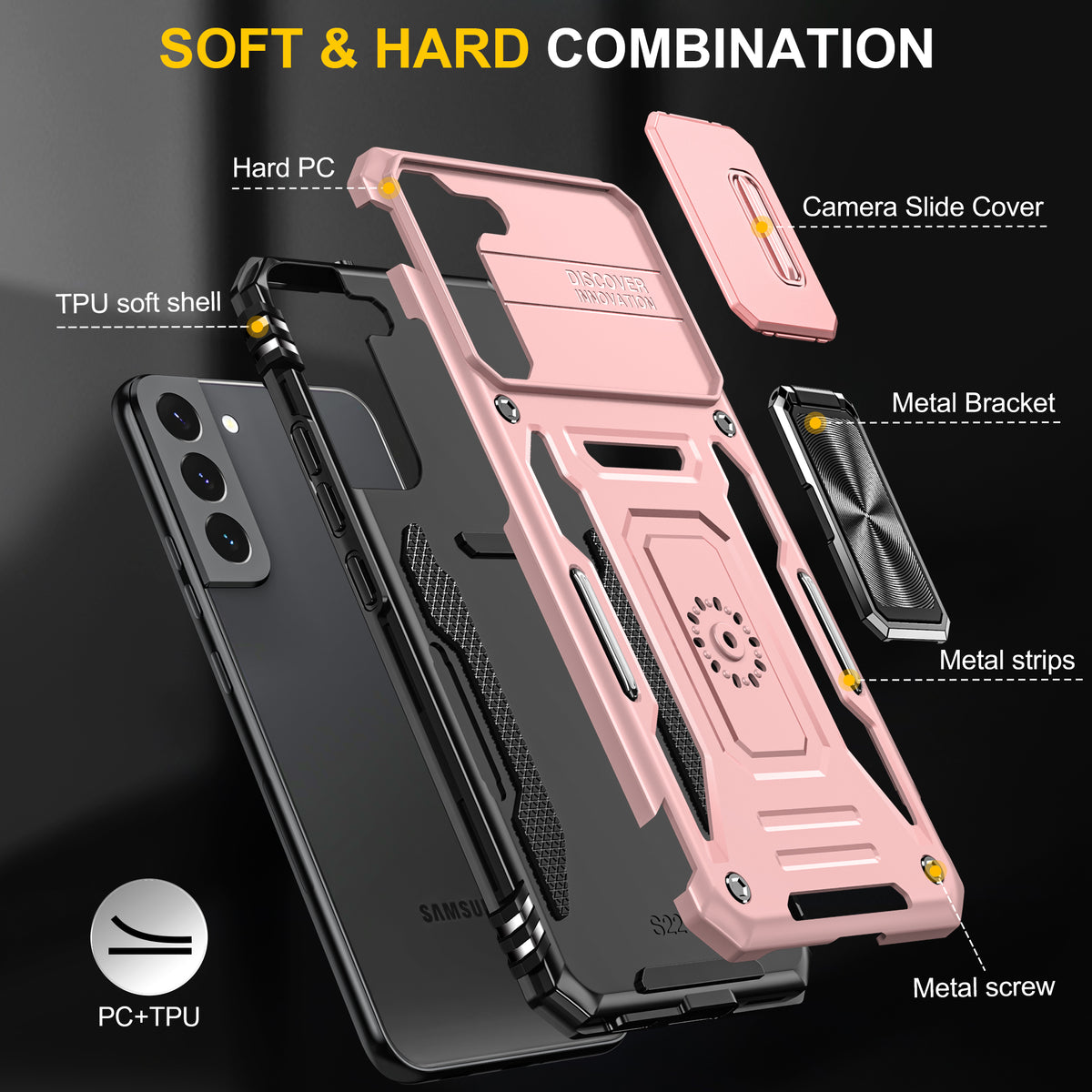 Samsung S22 Case Shockproof Kickstand Hybrid Cover PINK