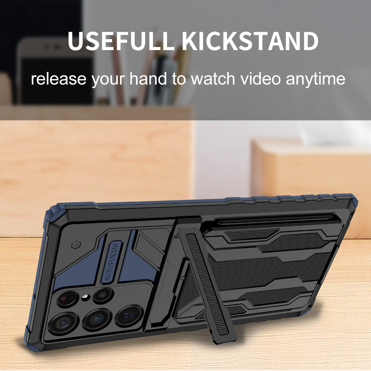 Samsung S22 Ultra Heavy Duty Kickstand Case Shockproof Card Holder BLUE