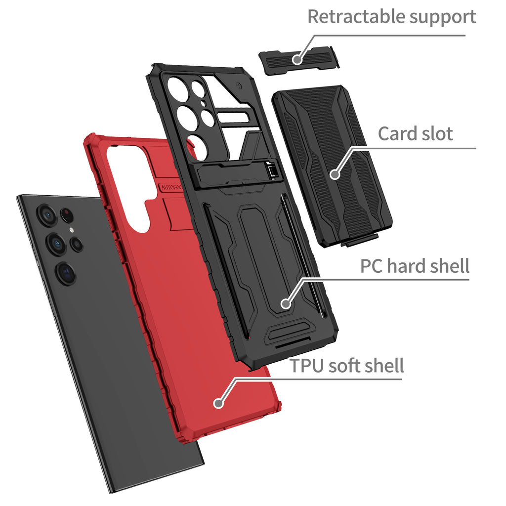 Samsung S22 Ultra Heavy Duty Kickstand Case Shockproof Card Holder RED