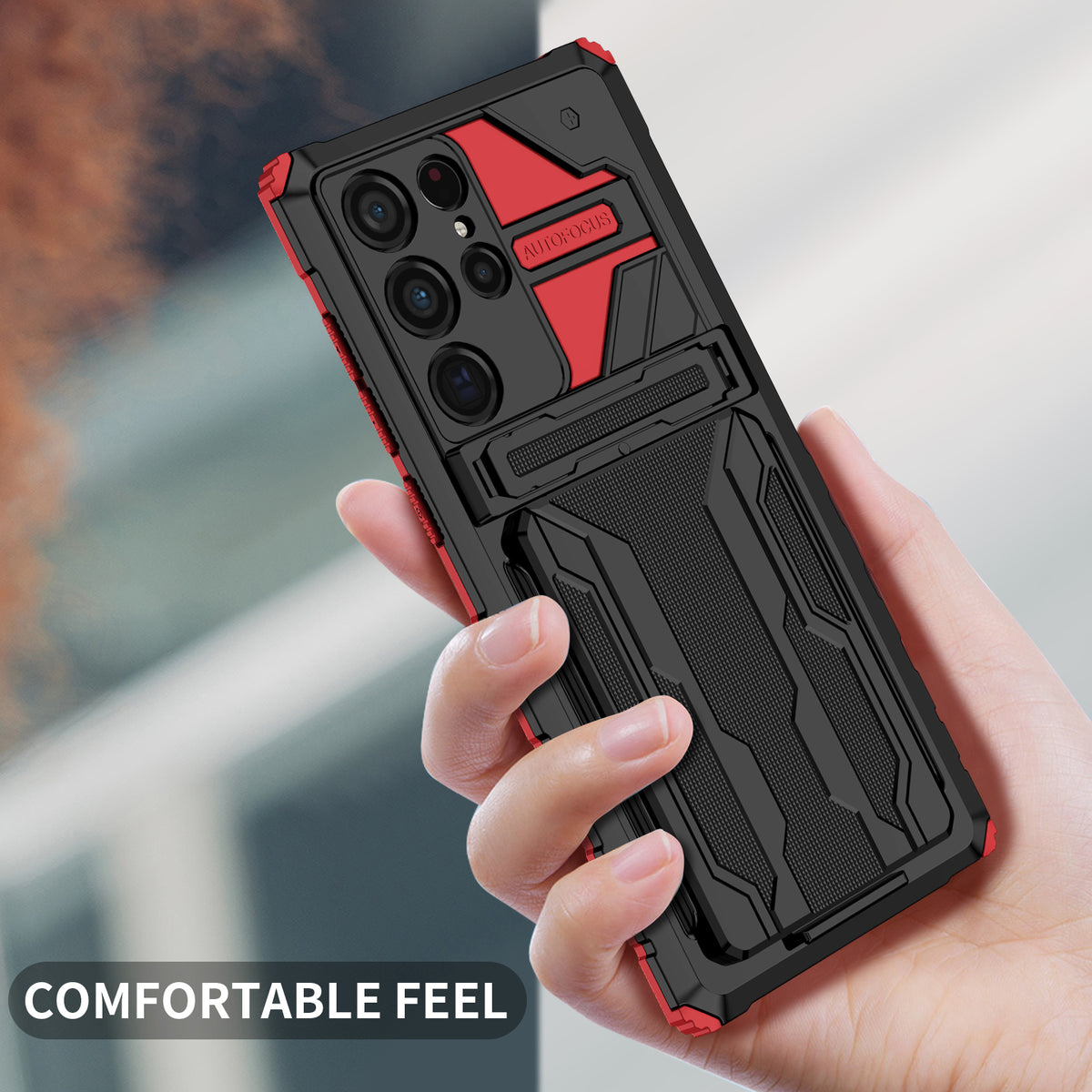 Samsung S22 Ultra Heavy Duty Kickstand Case Shockproof Card Holder RED