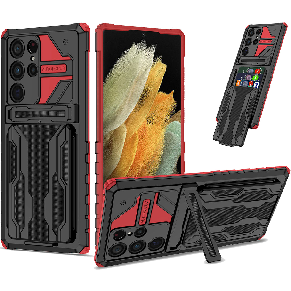 Samsung S22 Ultra Heavy Duty Kickstand Case Shockproof Card Holder RED