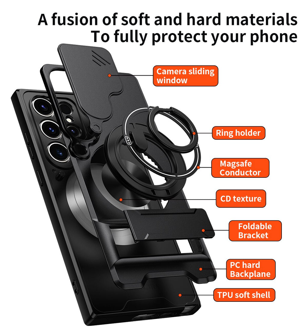 Samsung S22 Ultra Magnetic Kickstand Case with Camera Slide Cover ORANGE