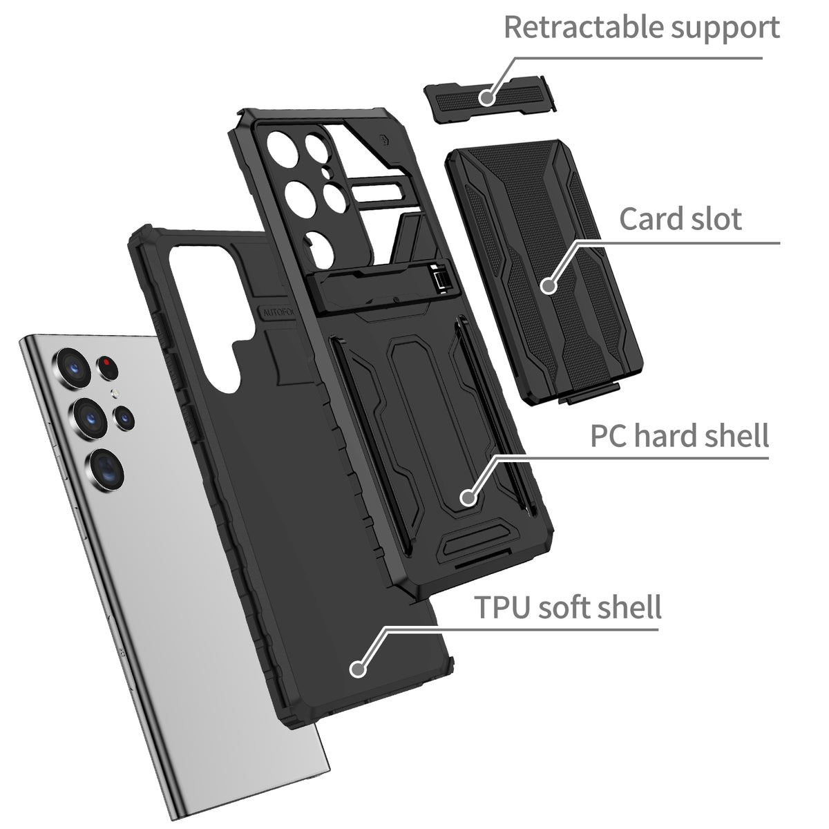Samsung S23 Ultra Heavy Duty Kickstand Case Shockproof Card Holder BLACK