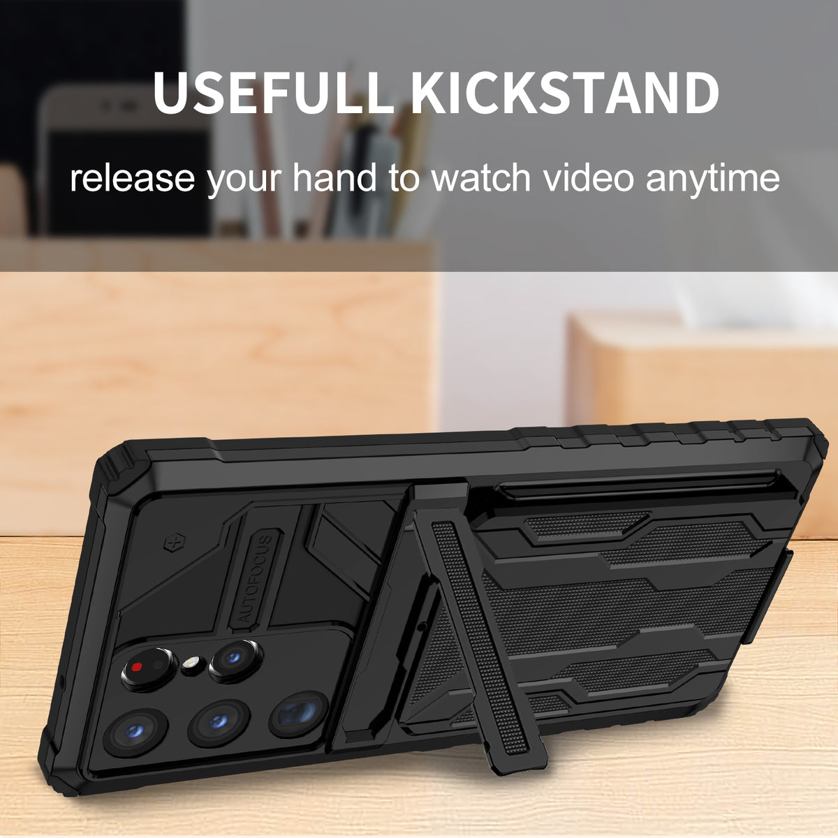 Samsung S23 Ultra Heavy Duty Kickstand Case Shockproof Card Holder BLACK