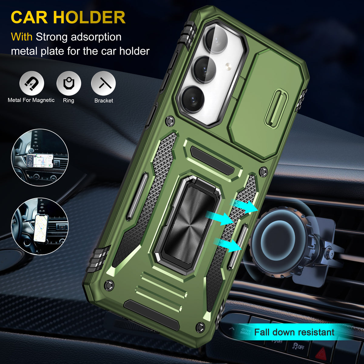 Samsung S24 FE Case Shockproof Kickstand Hybrid Cover DARK GREEN