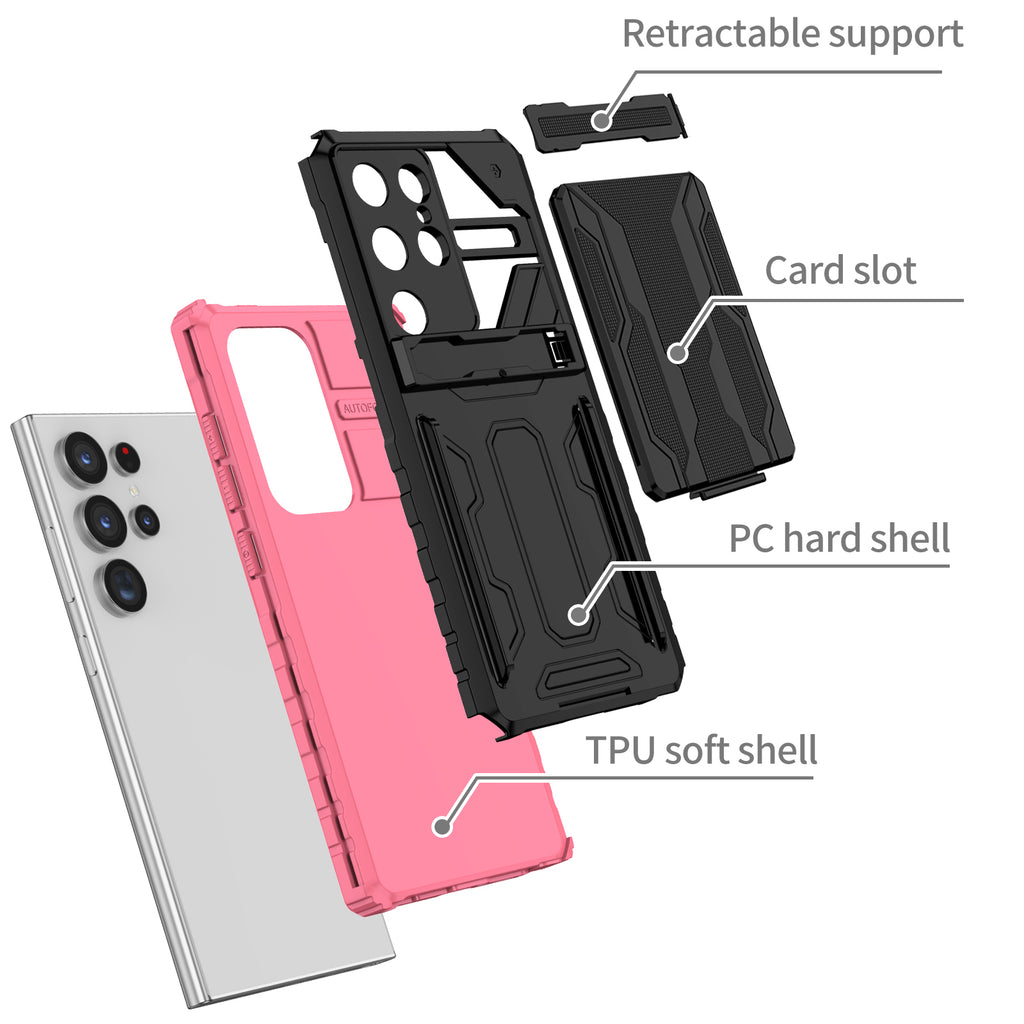 Samsung S24 Ultra Heavy Duty Kickstand Case Shockproof Card Holder PINK