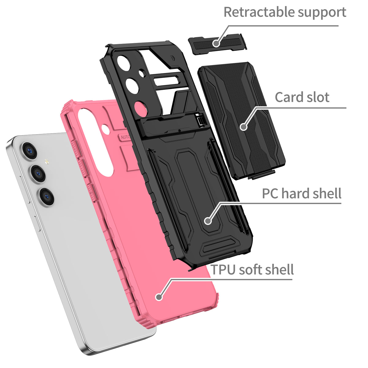 Samsung S25 Plus Heavy Duty Kickstand Case Shockproof Card Holder PINK