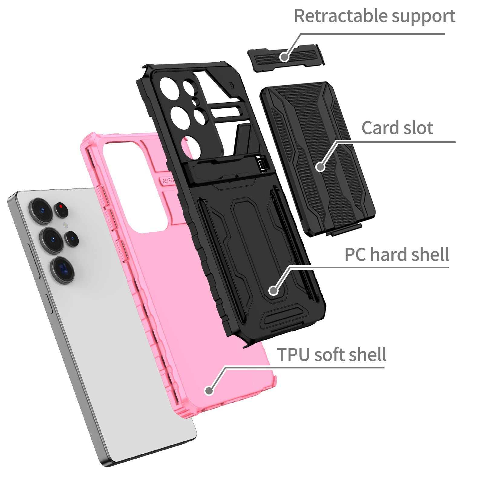 Samsung S26 Ultra Heavy Duty Kickstand Case Shockproof Card Holder PINK
