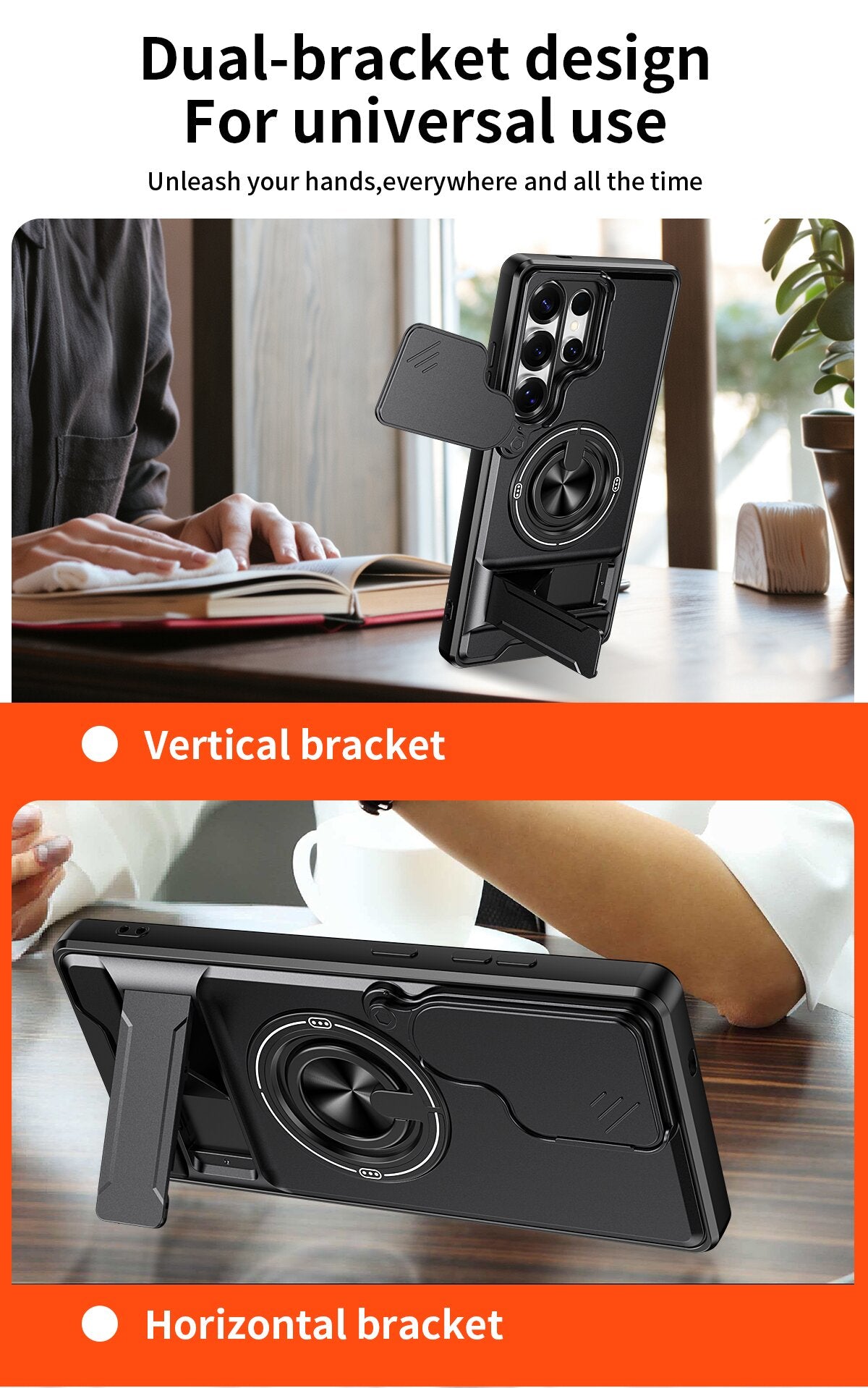Samsung S25 Ultra Magnetic Kickstand Case with Camera Slide Cover ORANGE