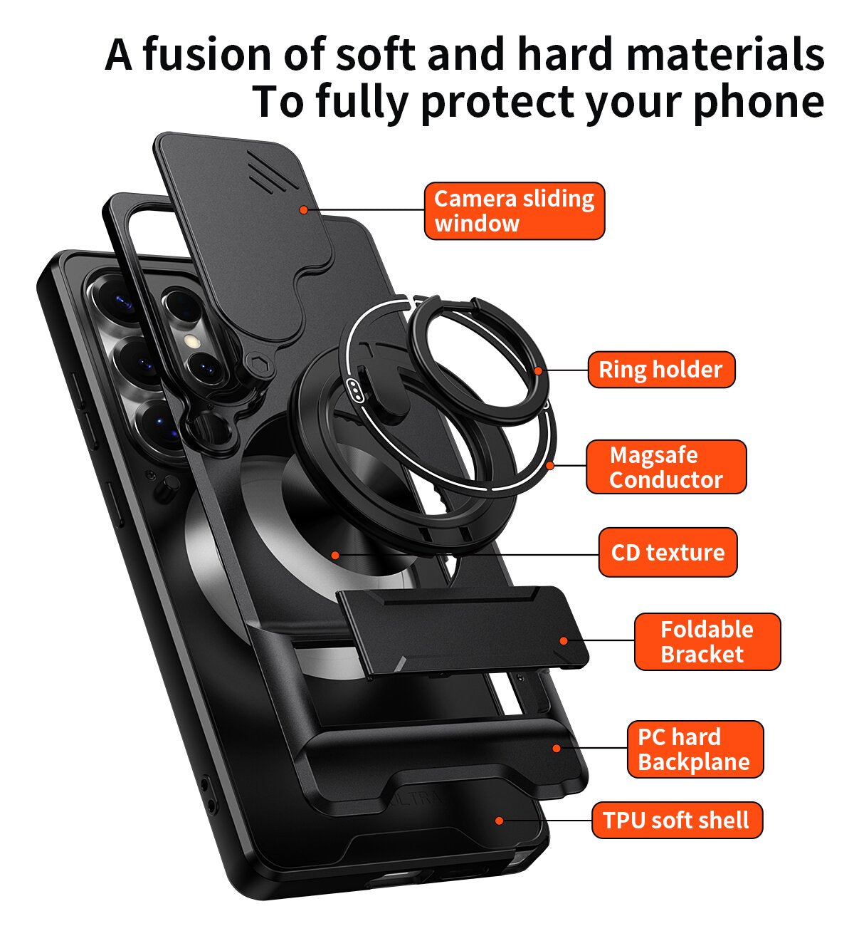 Samsung S25 Ultra Magnetic Kickstand Case with Camera Slide Cover ORANGE