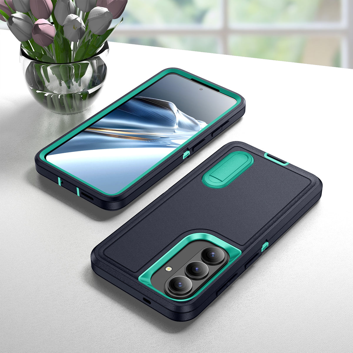 Samsung S26 Case Shockproof Armor Kickstand [Navy Blue & Teal]