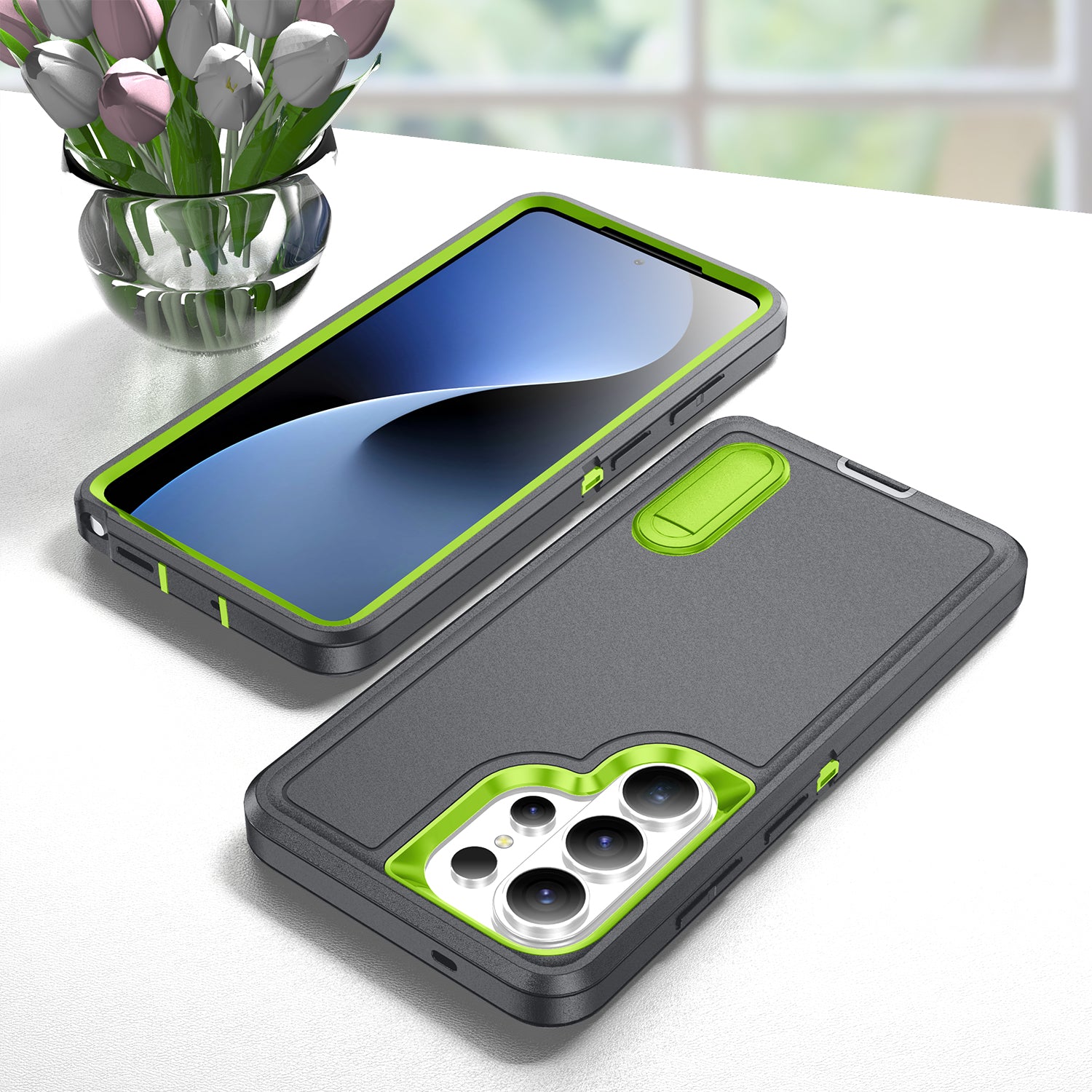 Samsung S26 Ultra Case Shockproof Armor Kickstand [Grey & Light Green]